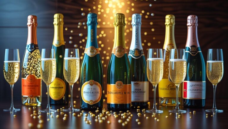 Assortment of sparkling wine bottles and flute glasses with golden bubbles festive celebration vibe elegant modern background Bright and joyful style highlighting different sparkling wine labels