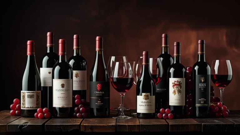 Collection of red wine bottles and glasses with deep ruby colors displayed together on a rustic wooden table Rich and moody background with elegant atmosphere highlighting variety of red wines