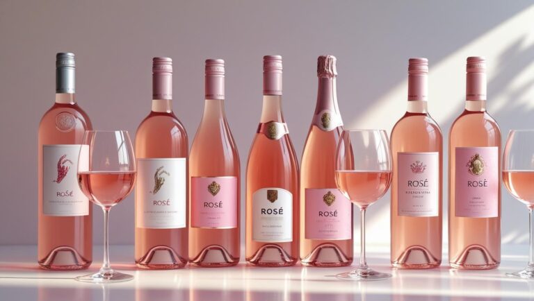 Collection of rosé wine bottles and glasses in pastel pink tones chic and modern setup elegant summer vibe Soft natural lighting with multiple bottles displayed together for category cover