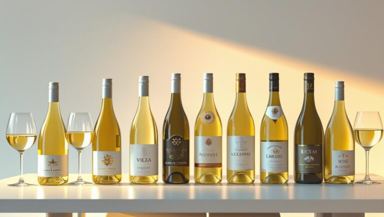 Selection of chilled white wine bottles and glasses golden tones placed on a clean modern table Bright fresh atmosphere with elegant minimal background showing multiple white wine options